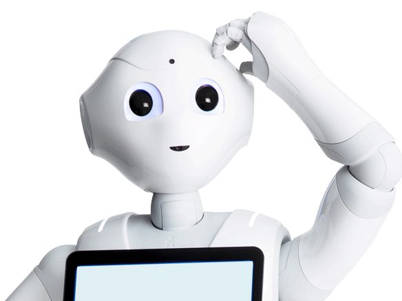 El robot Pepper de medio cuerpo, con la tableta del pecho y la mano levantada